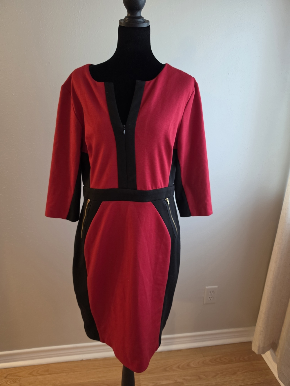 Gabby Skye Red and Black Ponte Sheath Dress with Zip Details